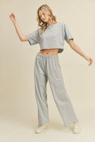 Light Gray Be Brave Short Sleeve Cropped Top and Wide Leg Pants Set Outfit Sets