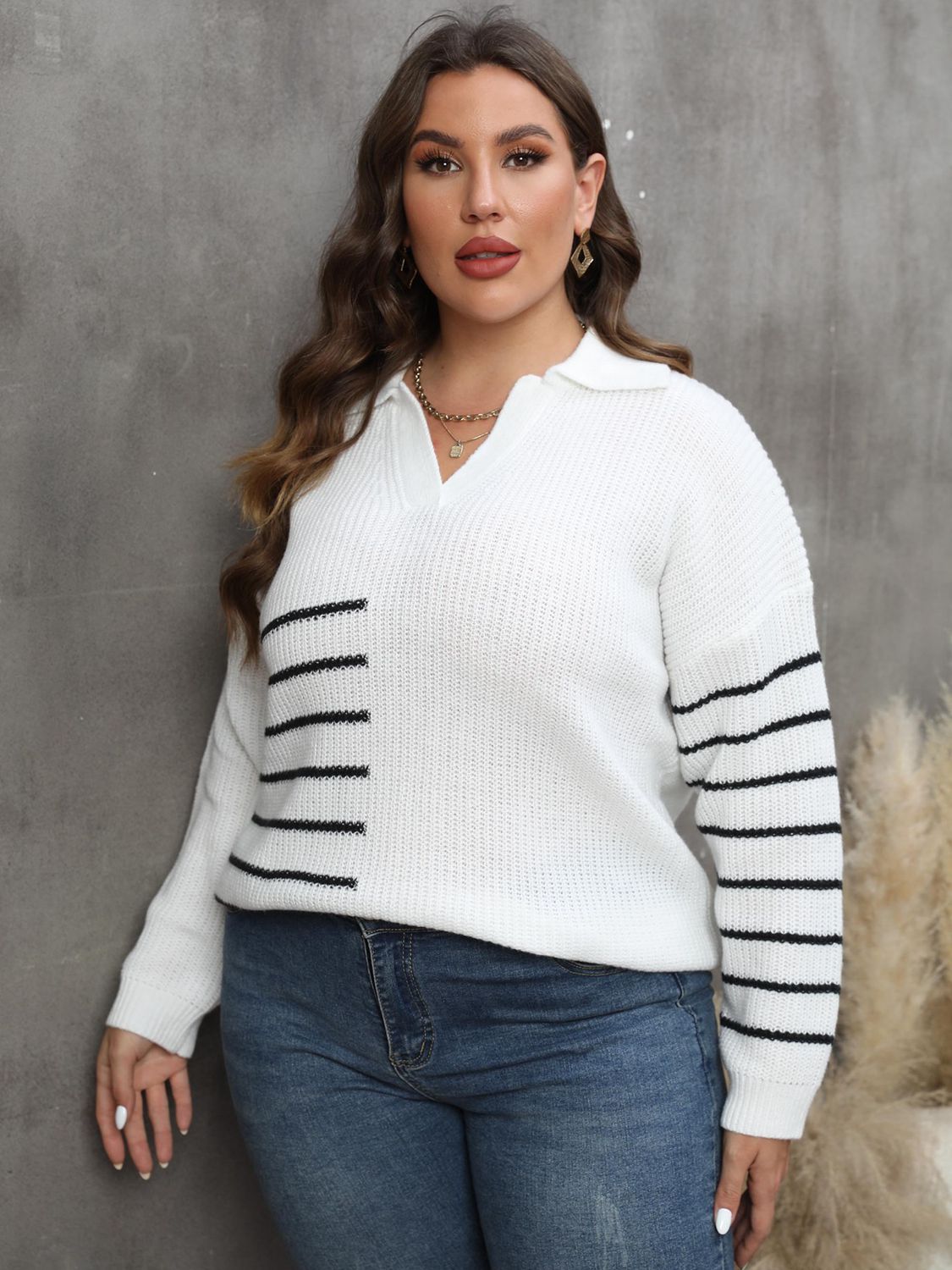 Slate Gray Plus Size Striped V-Neck Sweater Clothing