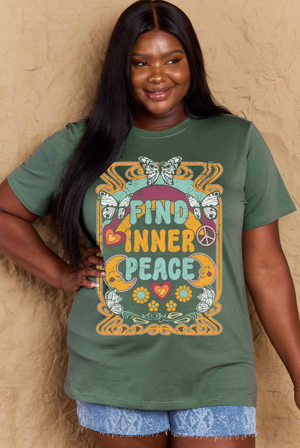 Dark Olive Green FIND INNER PEACE Graphic Cotton T-Shirt Graphic Tees