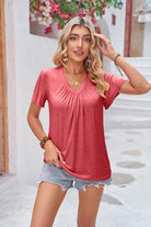 Gray Ruched V-Neck Short Sleeve Tee Tops