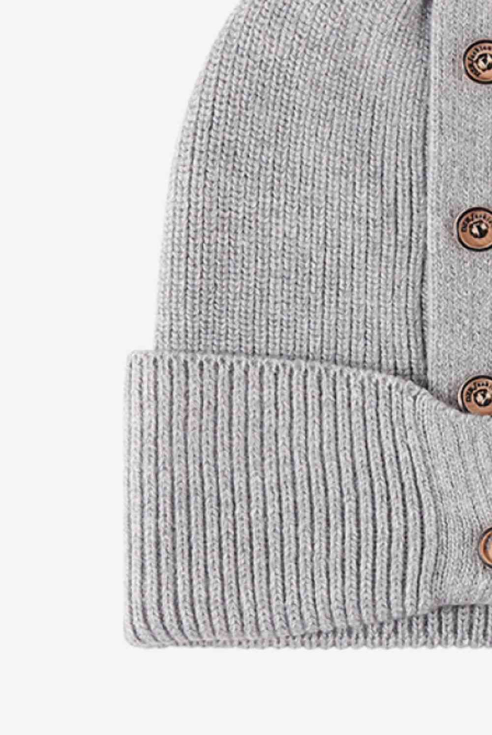 Light Gray Button Detail Rib-Knit Cuff Beanie Winter Accessories