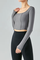 Gray Seam Detail Thumbhole Sleeve Cropped Sports Top