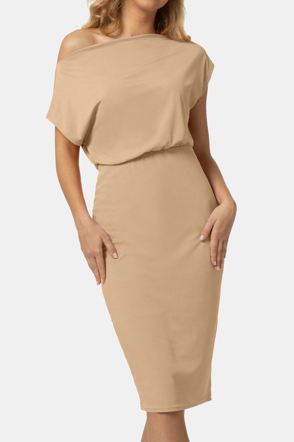 Beige Embrace Elegance Boat Neck Short Sleeve Knee-Length Dress Knee Length Dresses