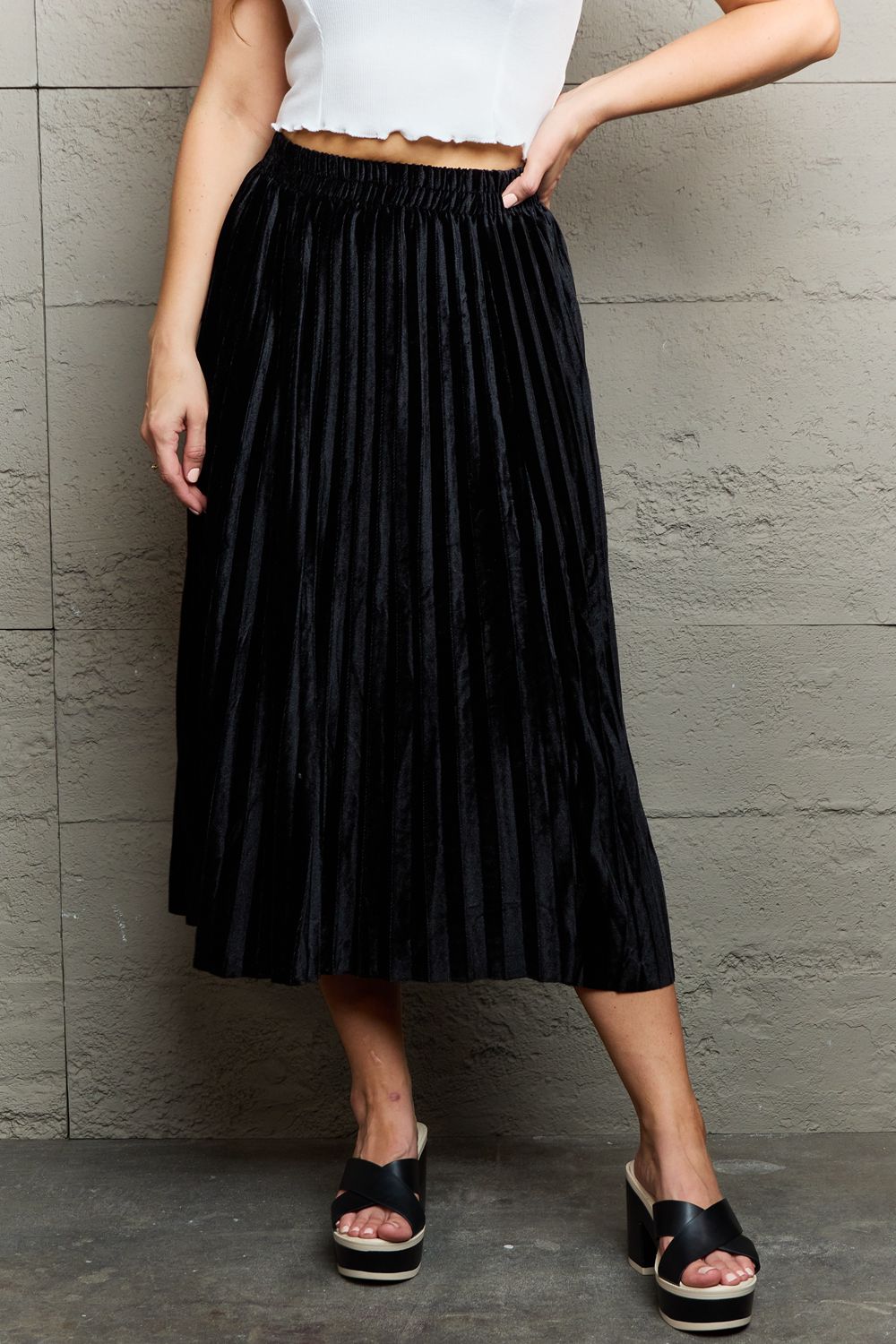 Dark Slate Gray Ninexis Accordion Pleated Flowy Midi Skirt Clothing