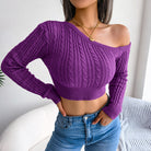 Light Gray Mixed Knit One-Shoulder Cropped Sweater Shirts & Tops