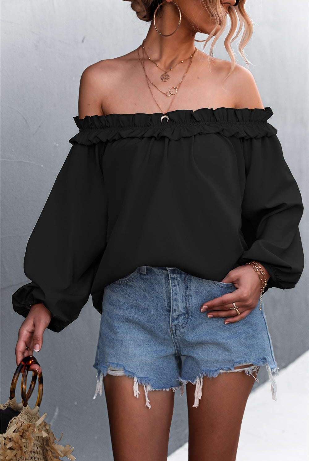 Dark Slate Gray Victoria Frill Off-Shoulder Top Shirts & Tops