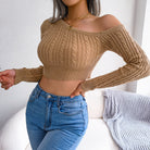 Light Gray Mixed Knit One-Shoulder Cropped Sweater Shirts & Tops