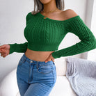 Dark Slate Gray Mixed Knit One-Shoulder Cropped Sweater Shirts & Tops