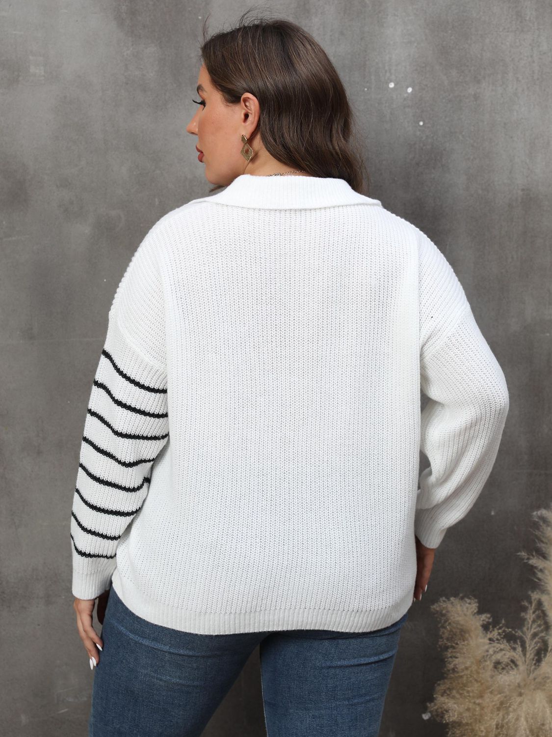 Slate Gray Plus Size Striped V-Neck Sweater Clothing