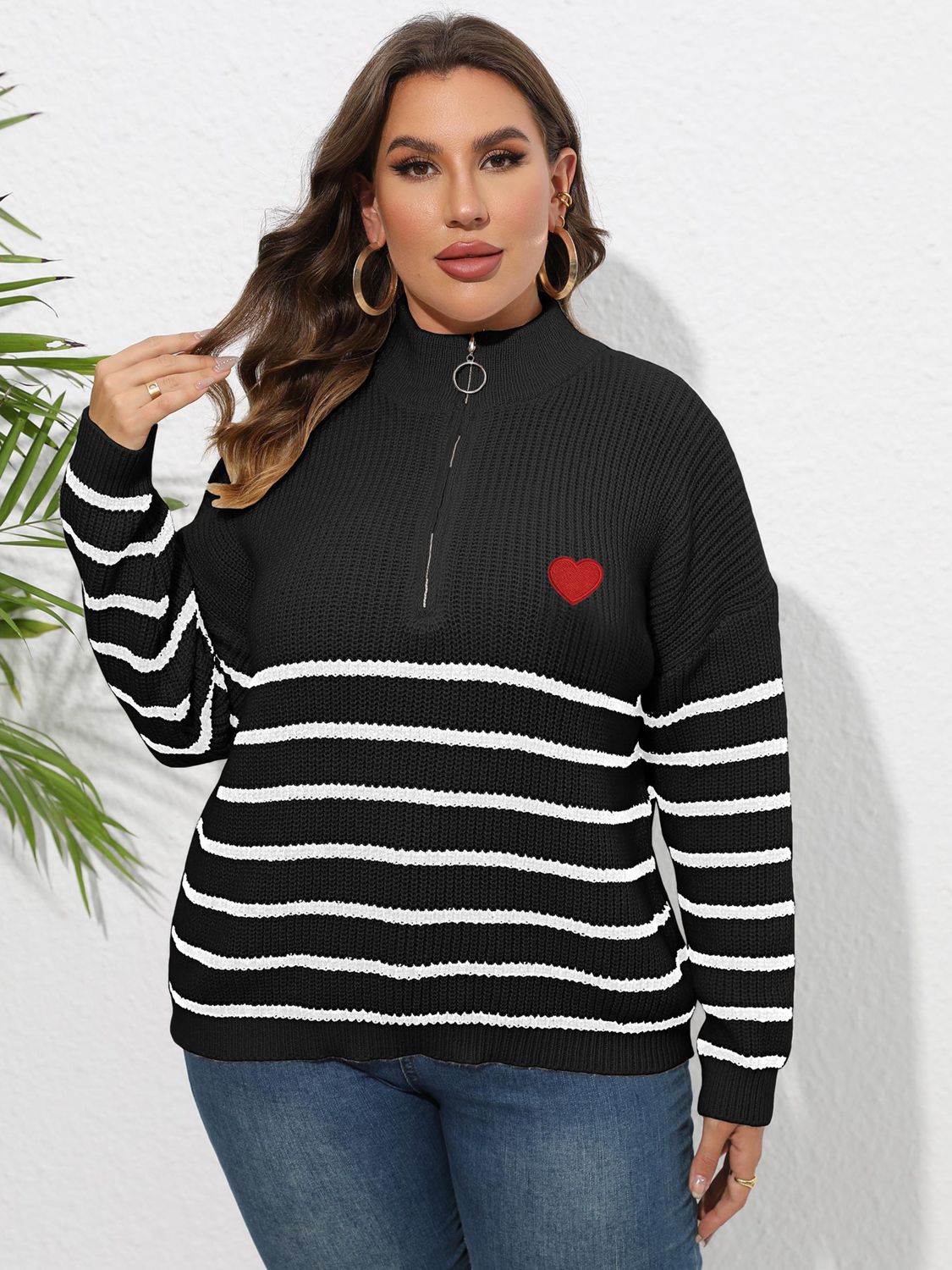 Light Gray Plus Size Zip-Up Striped Sweater Clothing