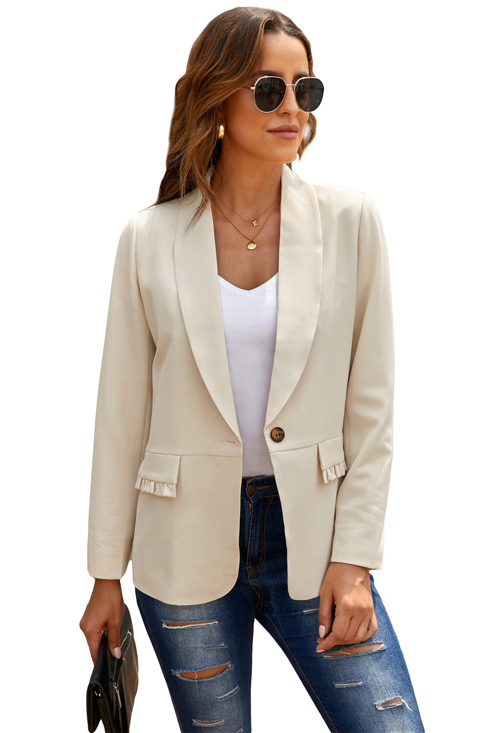 Gray Mocha Latte Lapel Collar Button Pocket Blazer Coats & Jackets