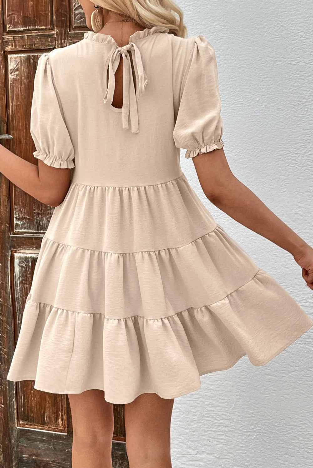 Gray Puff Sleeve Tie Back Tiered Dress Clothing