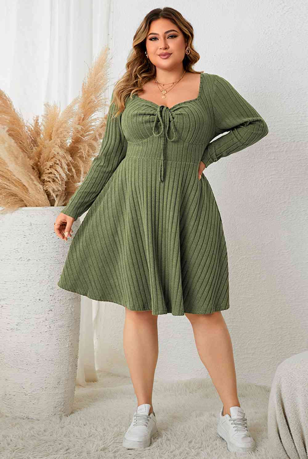 Gray Plus Size Sweetheart Neck Long Sleeve Ribbed Dress Plus Size Clothes