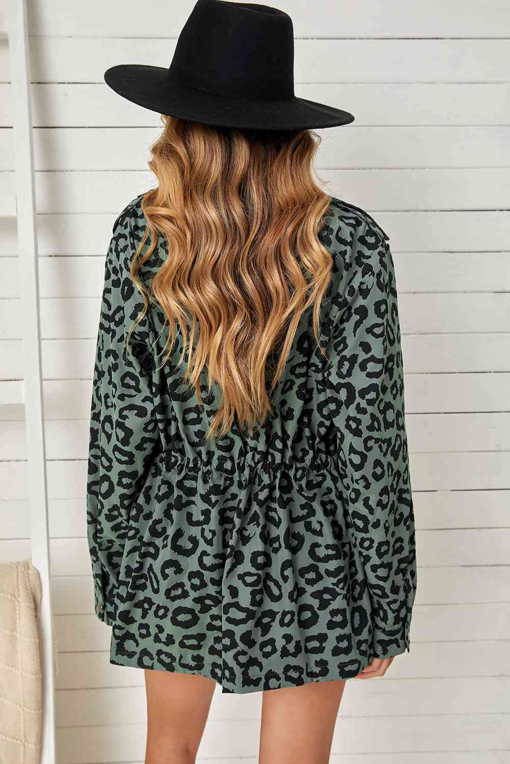 Light Gray Double Take Leopard Drawstring Waist Jacket with Pockets Trends