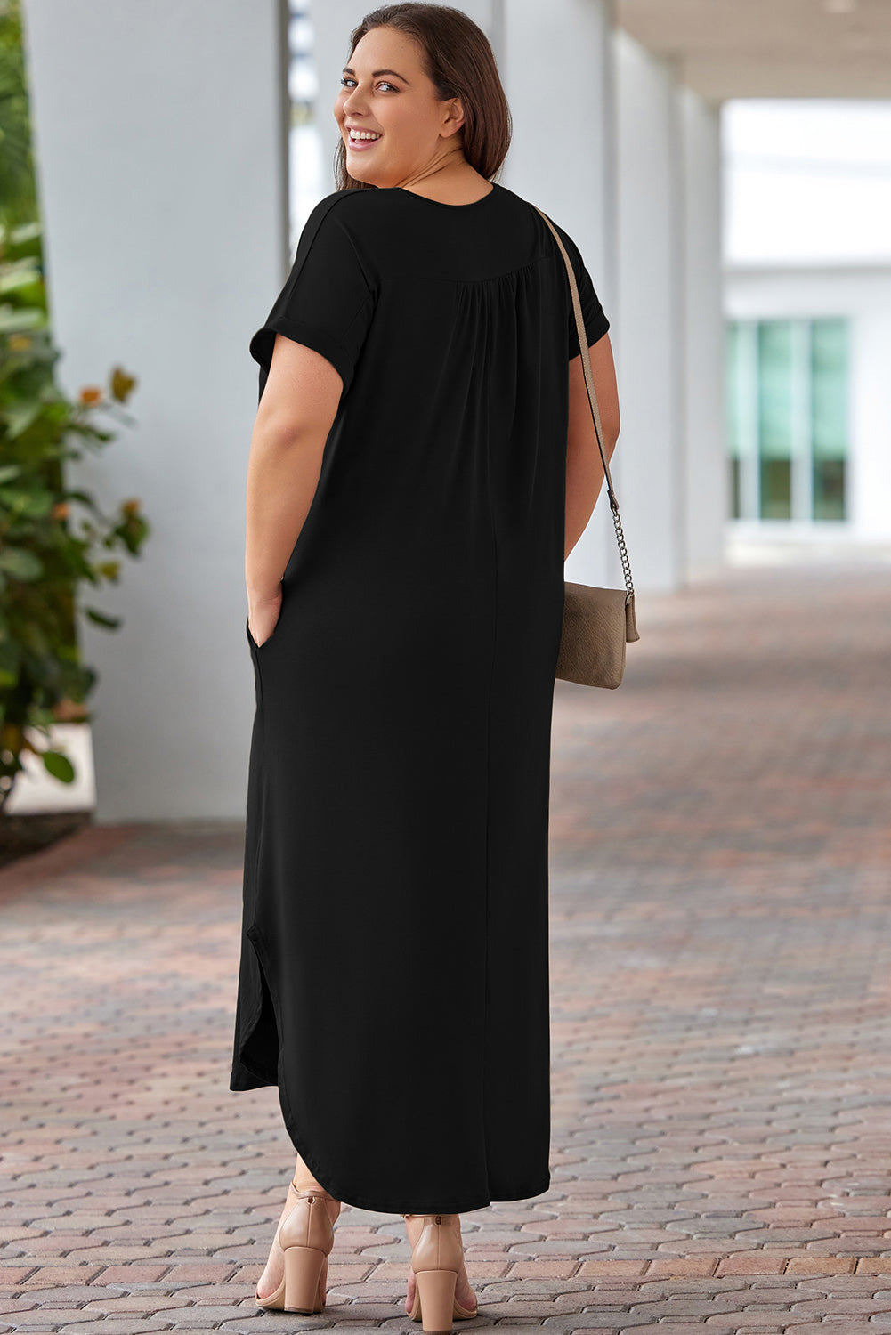 Dark Gray Plus Size V-Neck Short Sleeve Maxi Dress Clothing