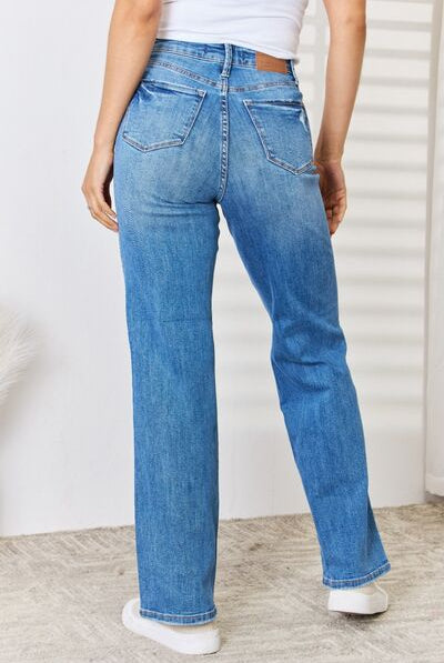 Steel Blue Judy Blue Full Size High Waist Distressed Straight-Leg Jeans Denim