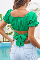 Sea Green Ruched Square Neck Tie Back Cropped Top Shirts & Tops
