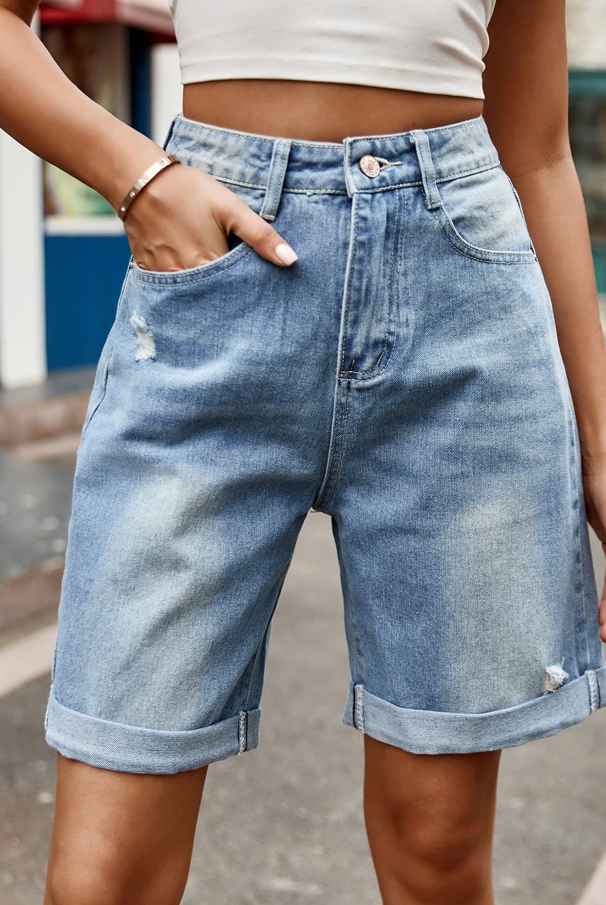 Light Slate Gray Distressed Buttoned Denim Shorts with Pockets