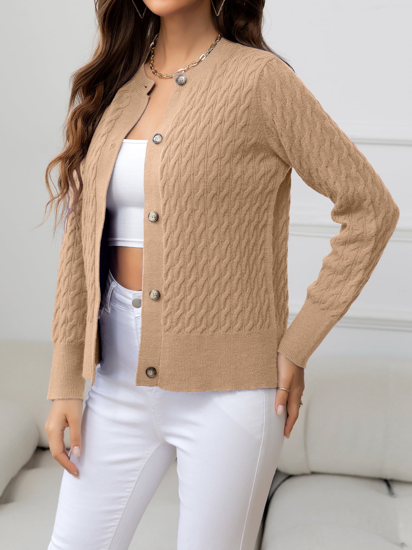 Gray Round Neck Cable-Knit Buttoned Knit Top Clothing