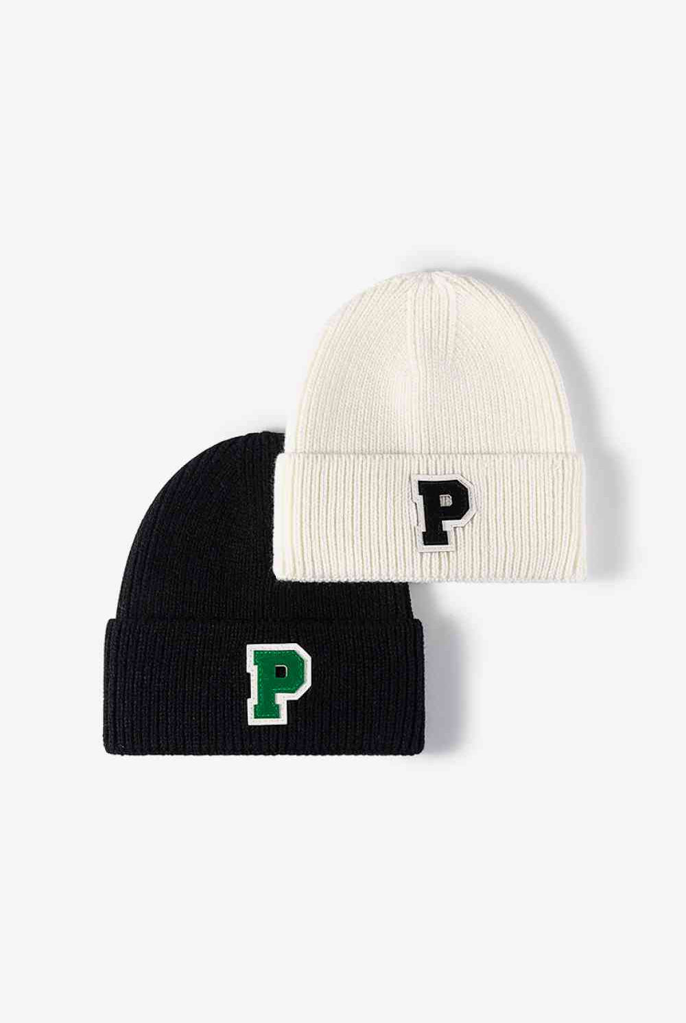 White Smoke Letter Patch Cuffed Knit Beanie Winter Accessories