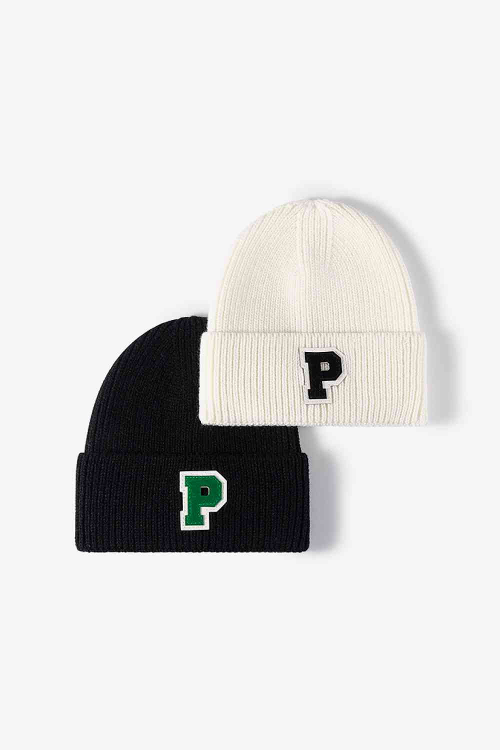 White Smoke Letter Patch Cuffed Knit Beanie Winter Accessories