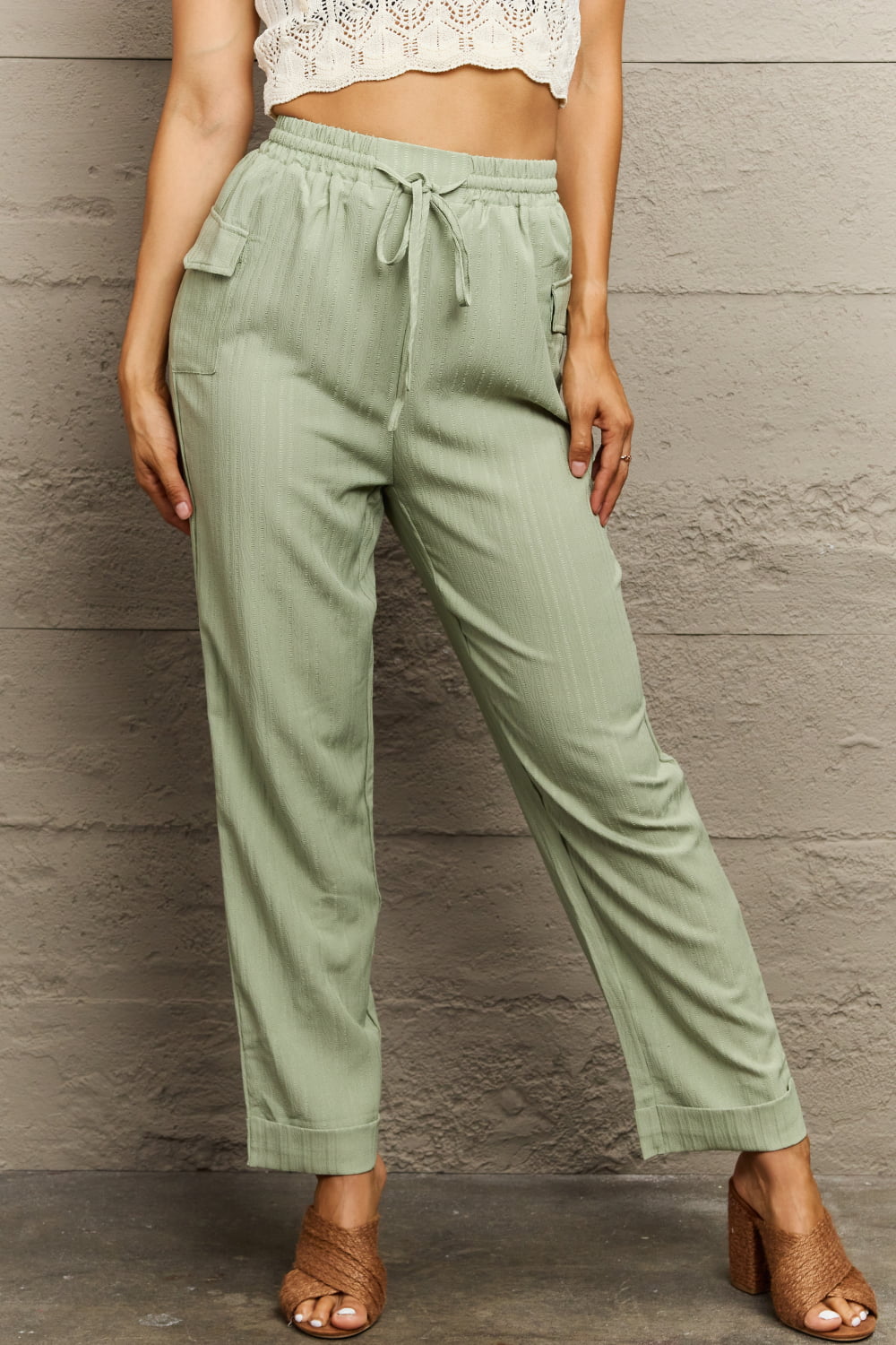 Slate Gray Tie Waist Long Pants Clothing