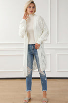 Light Gray Openwork Open Front Dropped Shoulder Cardigan