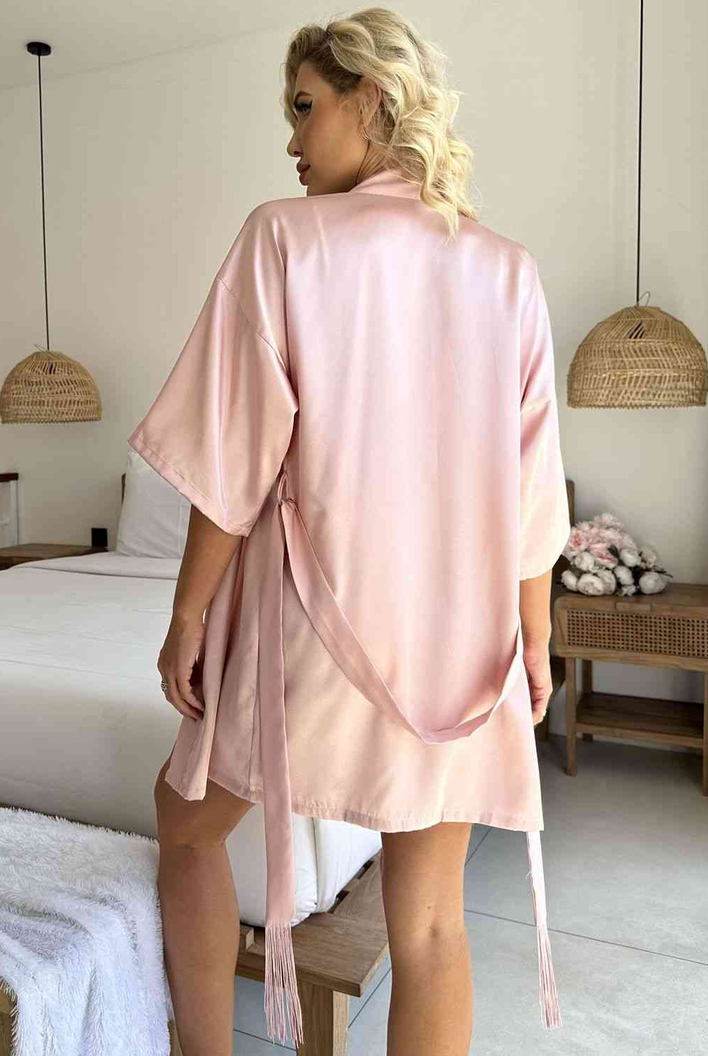 Gray Girls Night Fringe Detail Belted Half Sleeve Robe Pajamas
