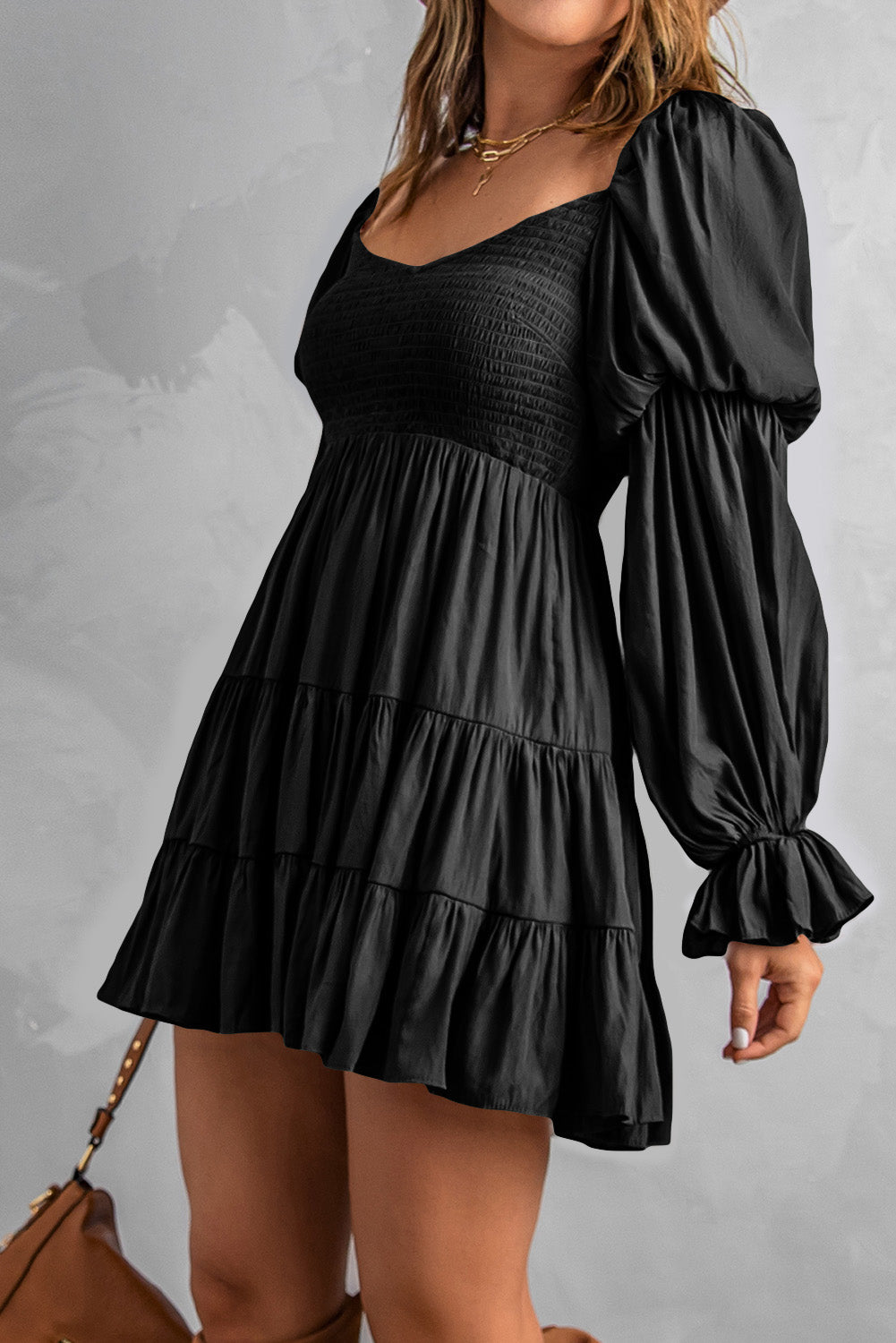 Dark Gray Even Up The Score Smocked Off-Shoulder Tiered Mini Dress Dresses