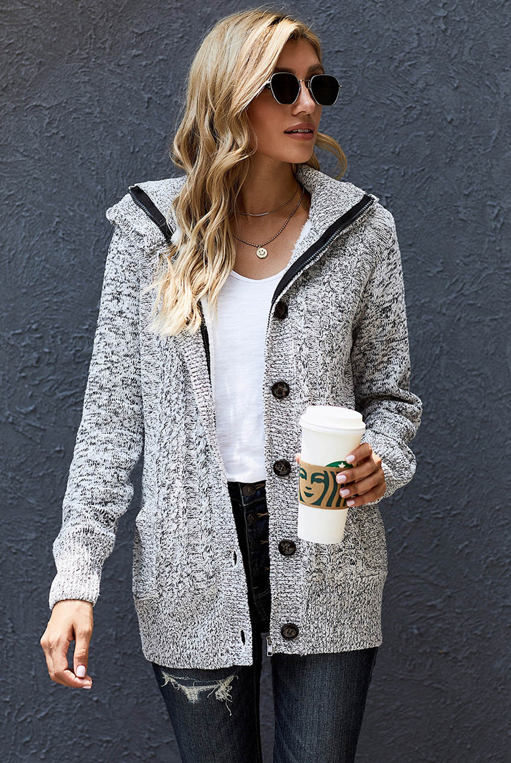 Dark Slate Gray Forever Grateful Cable-Knit Fleece Lining Button-Up Hooded Cardigan Jacket