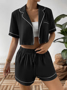 Light Gray Contrast Lapel Collar Cropped Shirt and Shorts Lounge Set