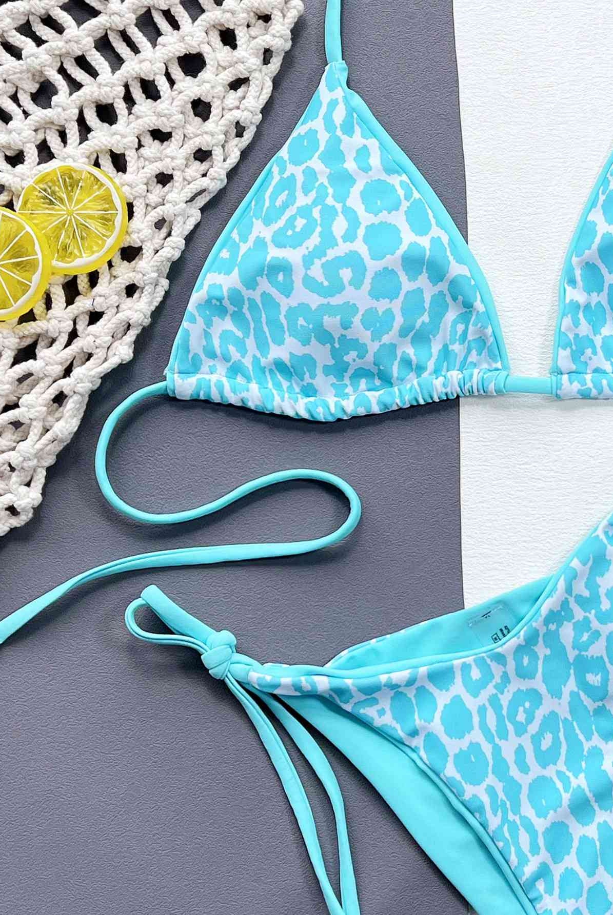 Cadet Blue Leopard Print Halter Neck Tie Side Bikini Set Trends