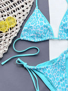 Cadet Blue Leopard Print Halter Neck Tie Side Bikini Set Trends