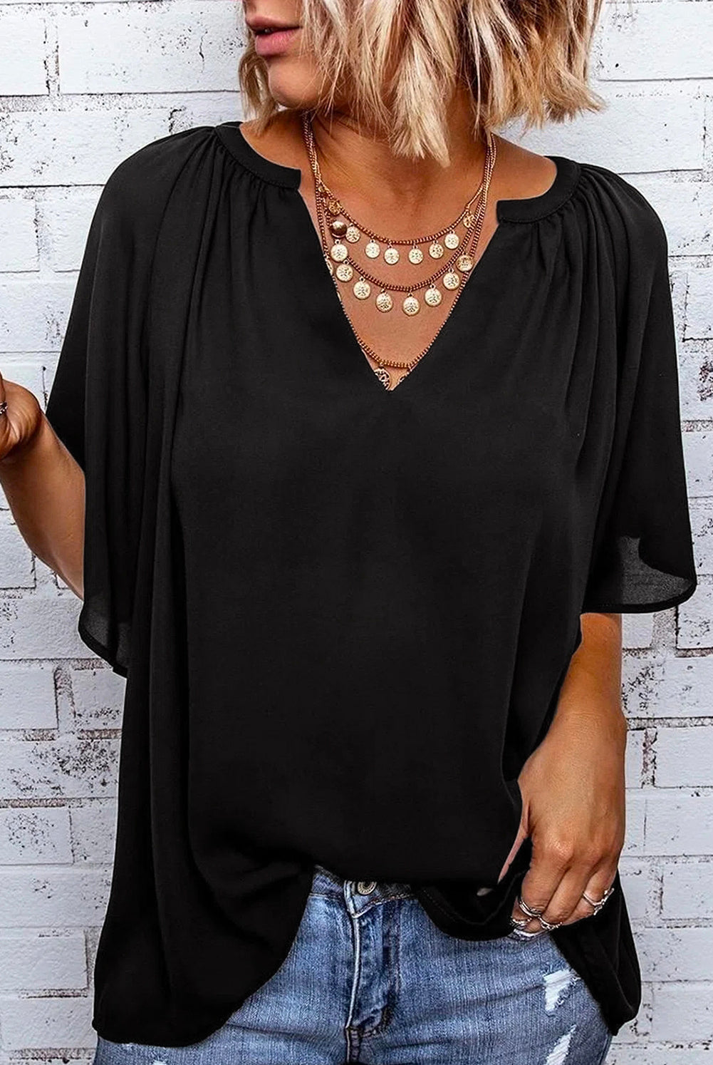 Black Simply Chic Gathered Detail Notched Neck Flutter Sleeve Top Tops