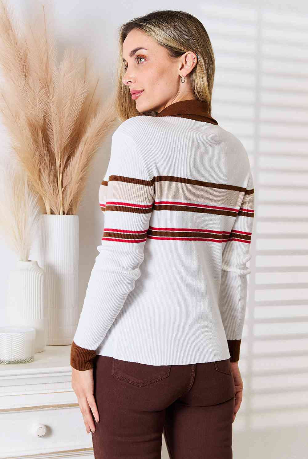 Light Gray Chocolate Delight Striped Collared Neck Rib-Knit Top Long Sleeve Tops