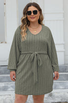Dark Gray Plus Size Ribbed Tie Front Long Sleeve Sweater Dress Plus Size Clothing