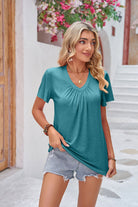 Gray Ruched V-Neck Short Sleeve Tee Tops