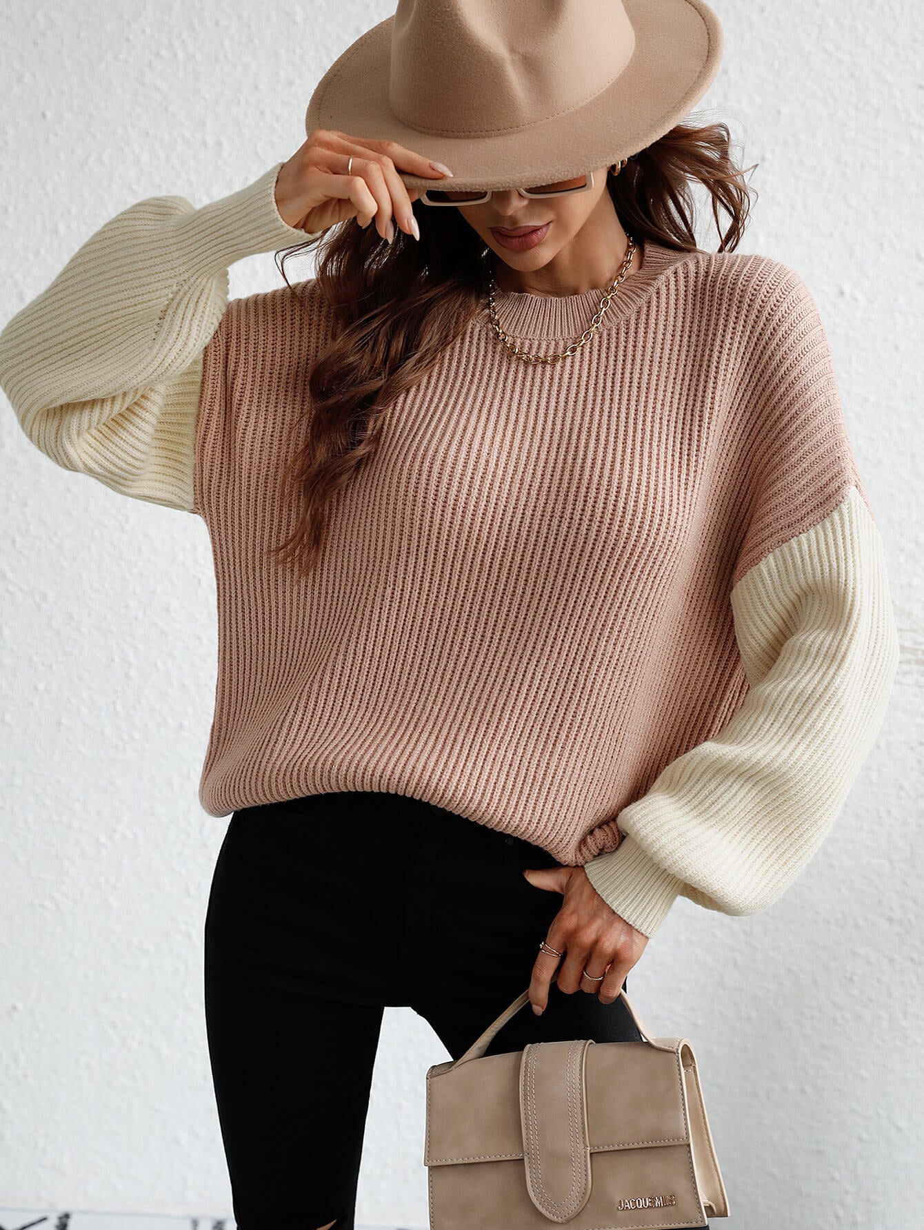 Gray Sun Kissed Two-Tone Rib-Knit Dropped Shoulder Sweater Shirts & Tops