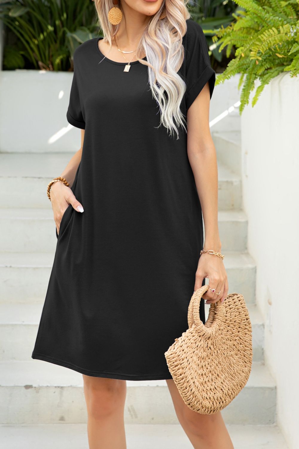 Light Gray Scoop Neck Short Sleeve Pocket Dress