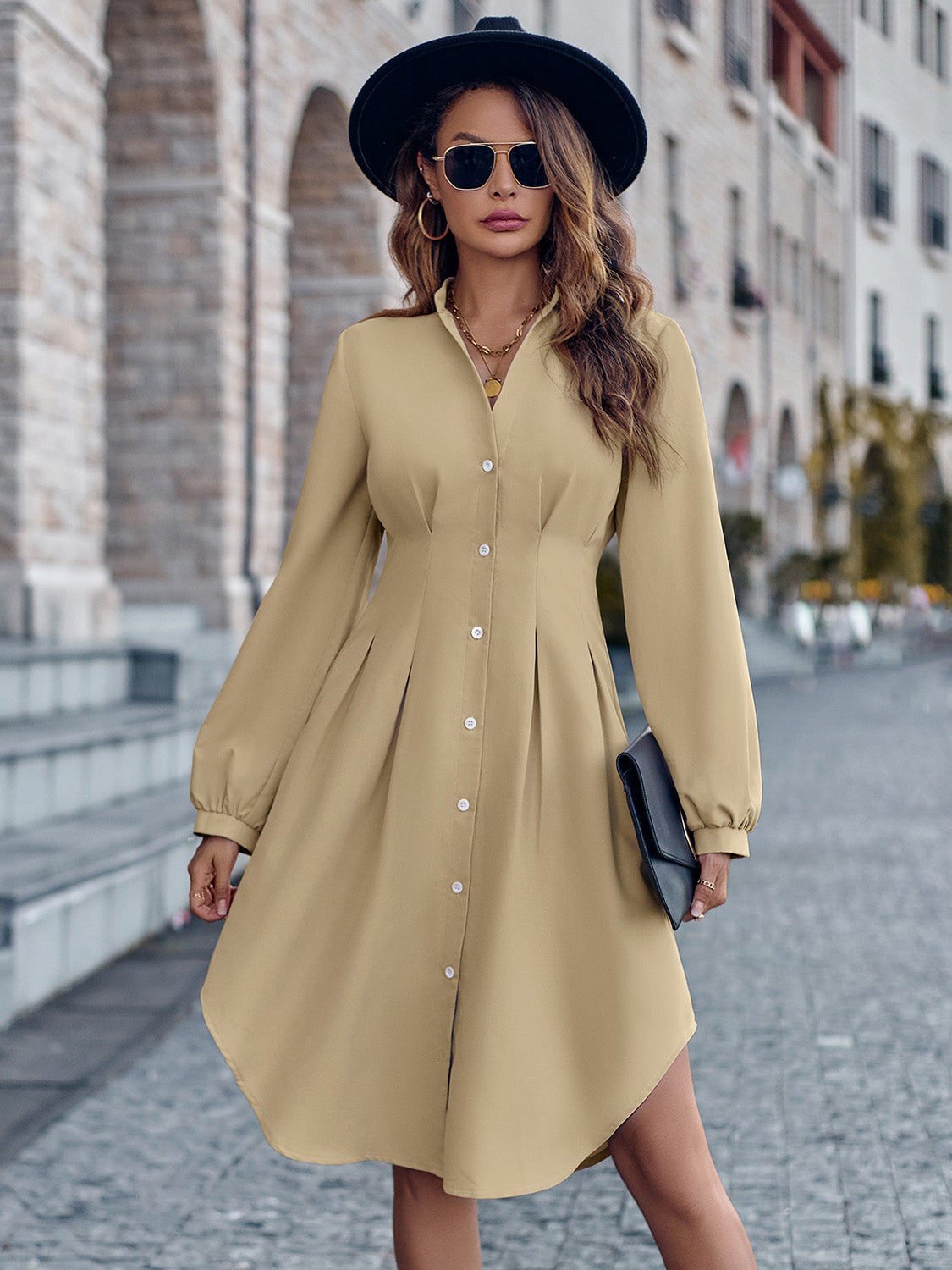 Rosy Brown Notched Neck Long Sleeve Dress Clothing