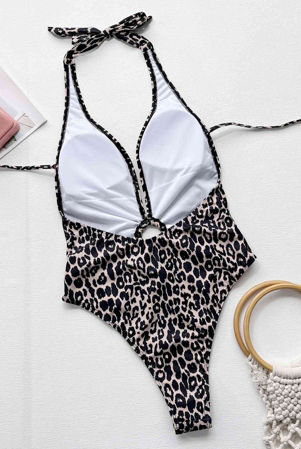 Light Gray Leopard Halter Neck Ring Detail One-Piece Swimsuit Trends