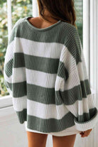 Gray Striped Round Neck Long Sleeve Sweater Holiday