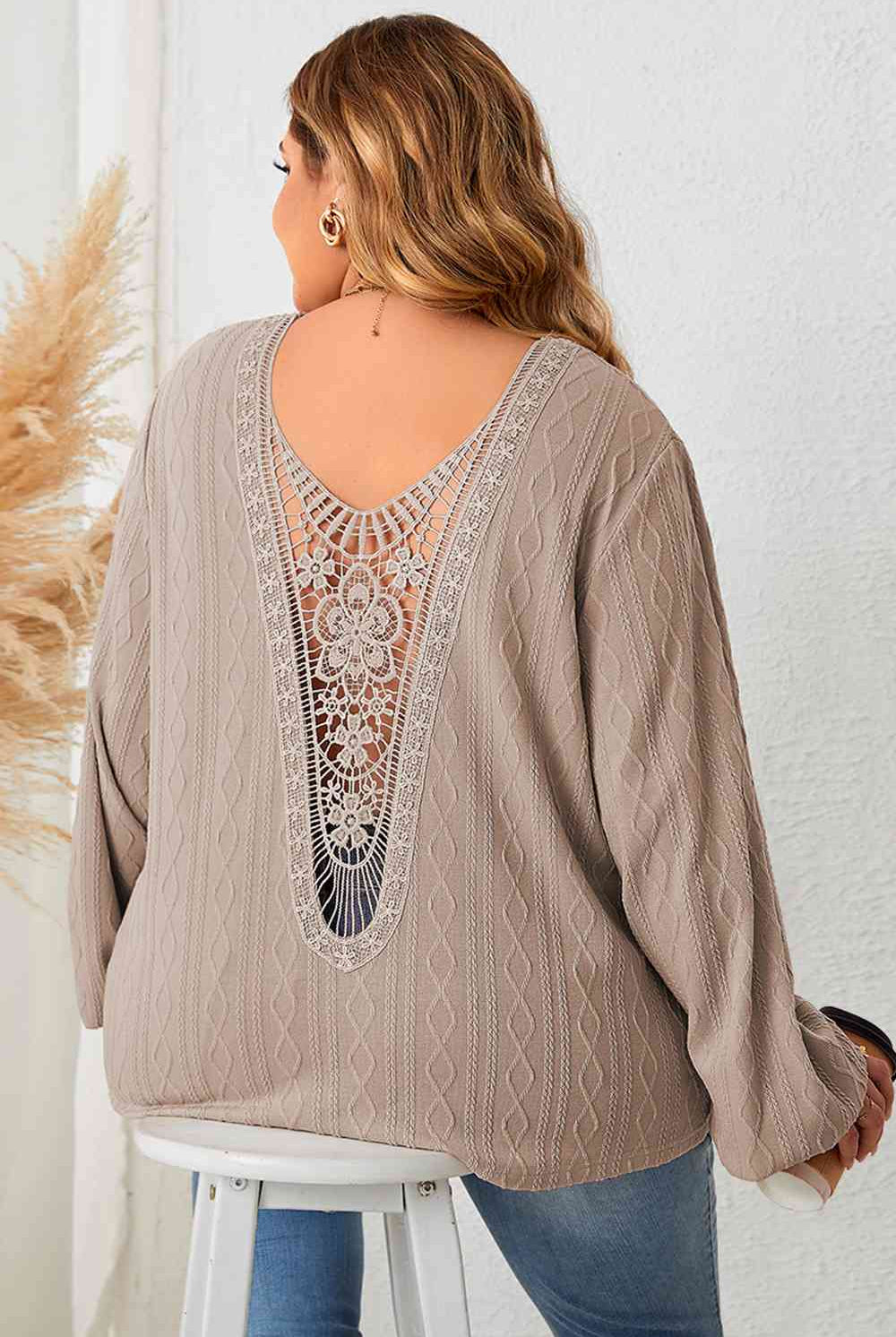 Gray Just Live Plus Size Lace Detail V-Neck Long Sleeve Blouse Plus Size Sweaters