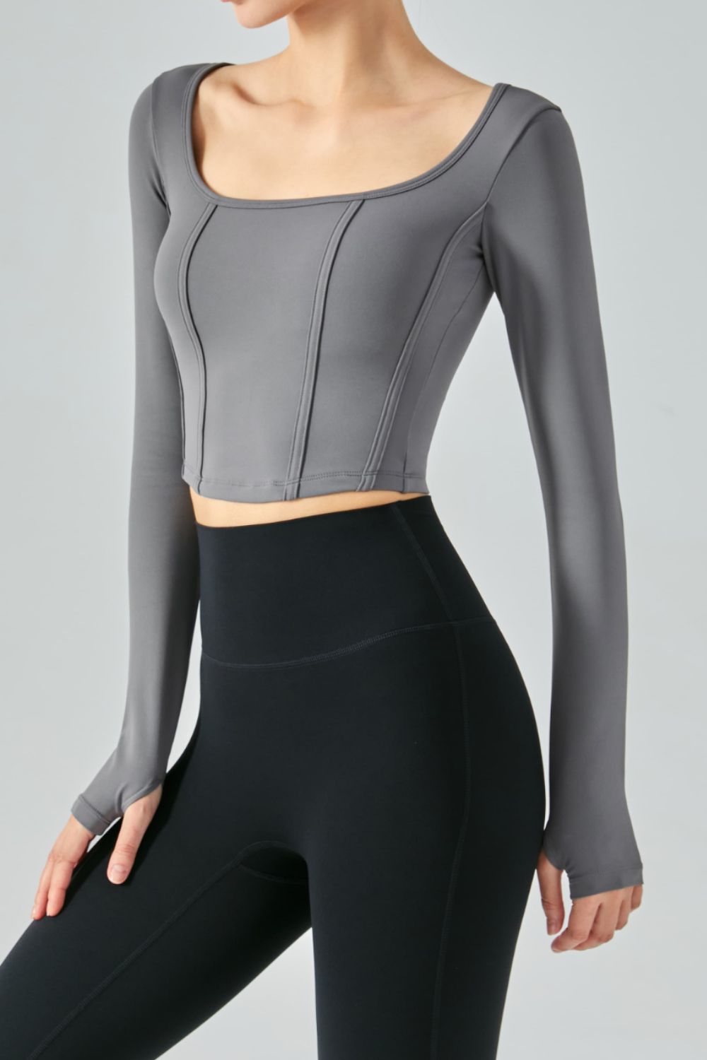 Gray Seam Detail Thumbhole Sleeve Cropped Sports Top