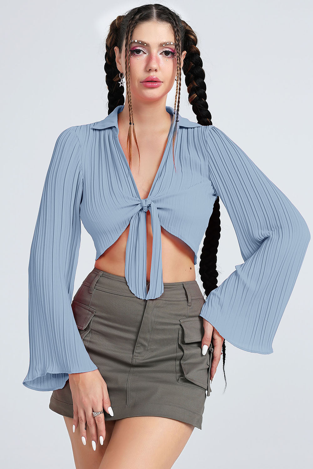 Light Gray Tie Front Johnny Collar Flare Sleeve Cropped Top Clothing