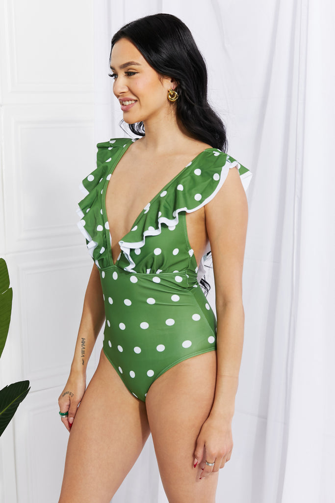 Light Gray Marina West Swim Moonlit Dip Ruffle Plunge Swimsuit in Mid Green Swimwear