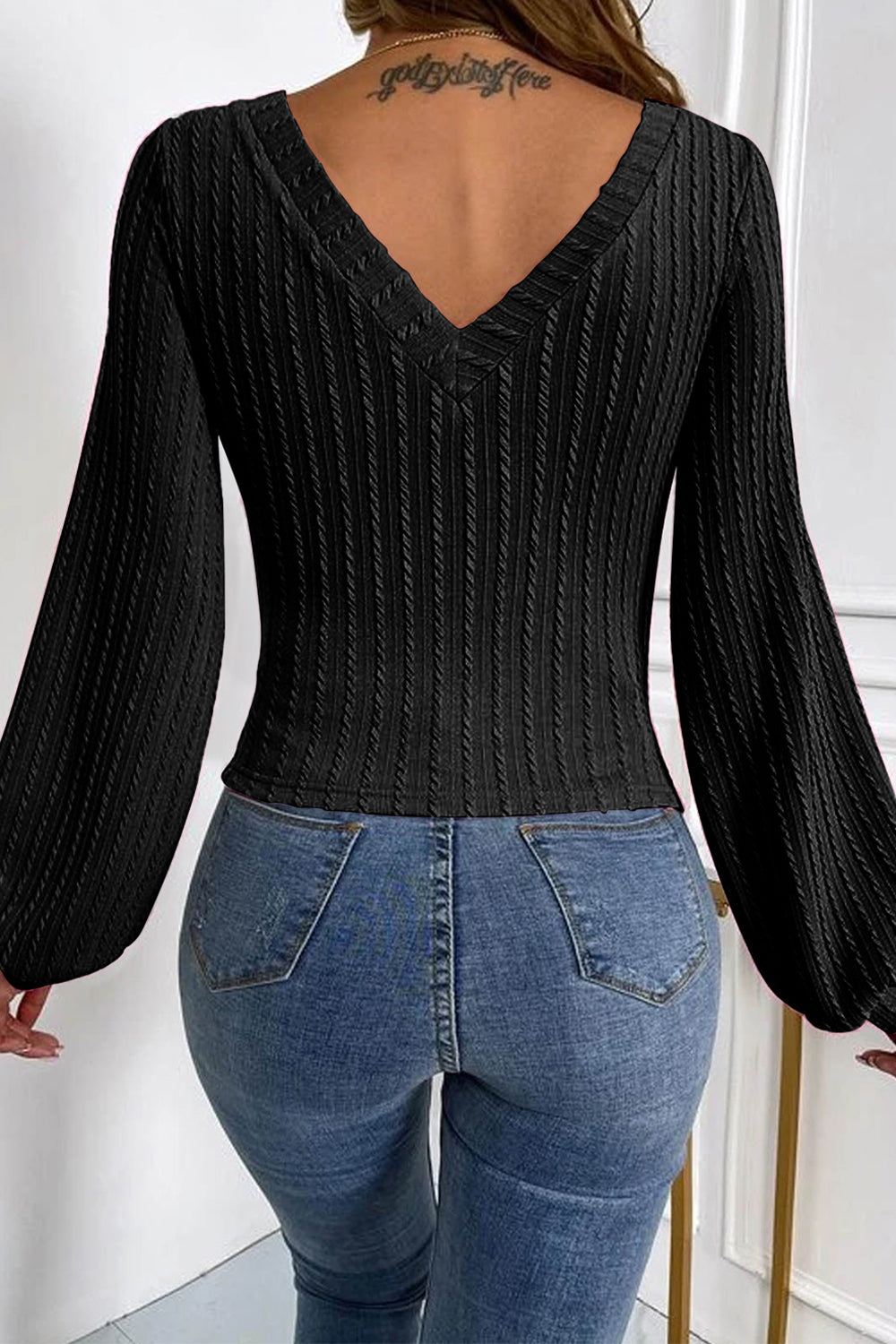 Light Gray V-Neck Long Sleeve Knit Top Clothing