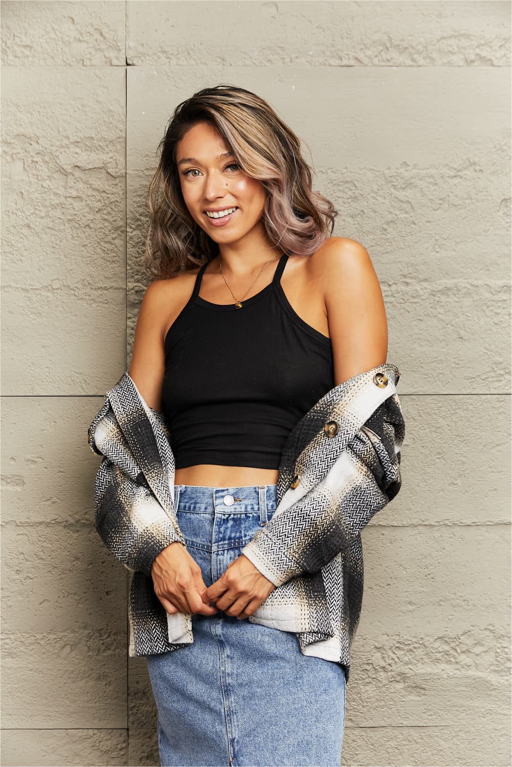 Gray Plaid Dropped Shoulder Collared Jacket