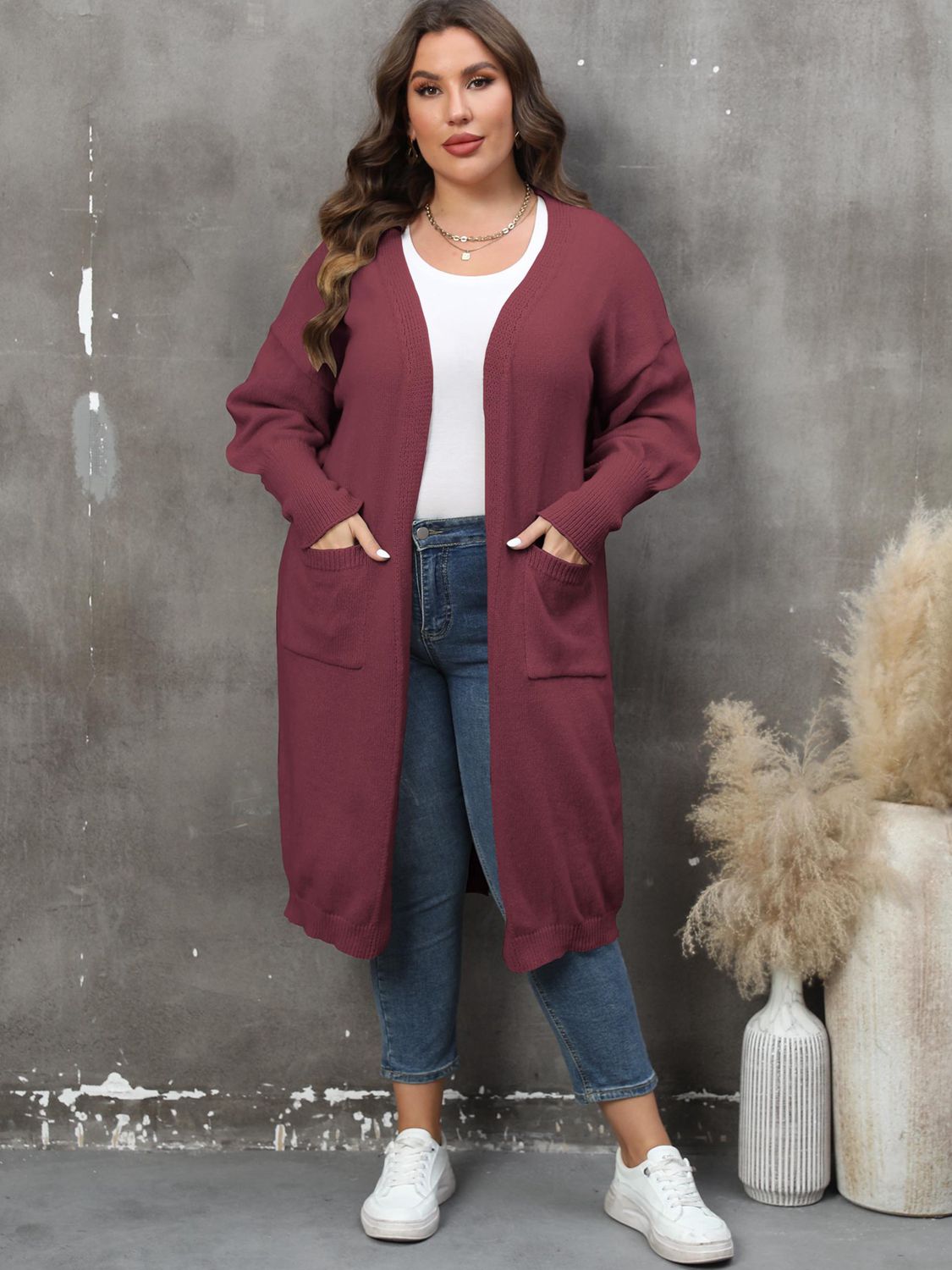 Dim Gray Plus Size Long Sleeve Pocketed Cardigan Clothing