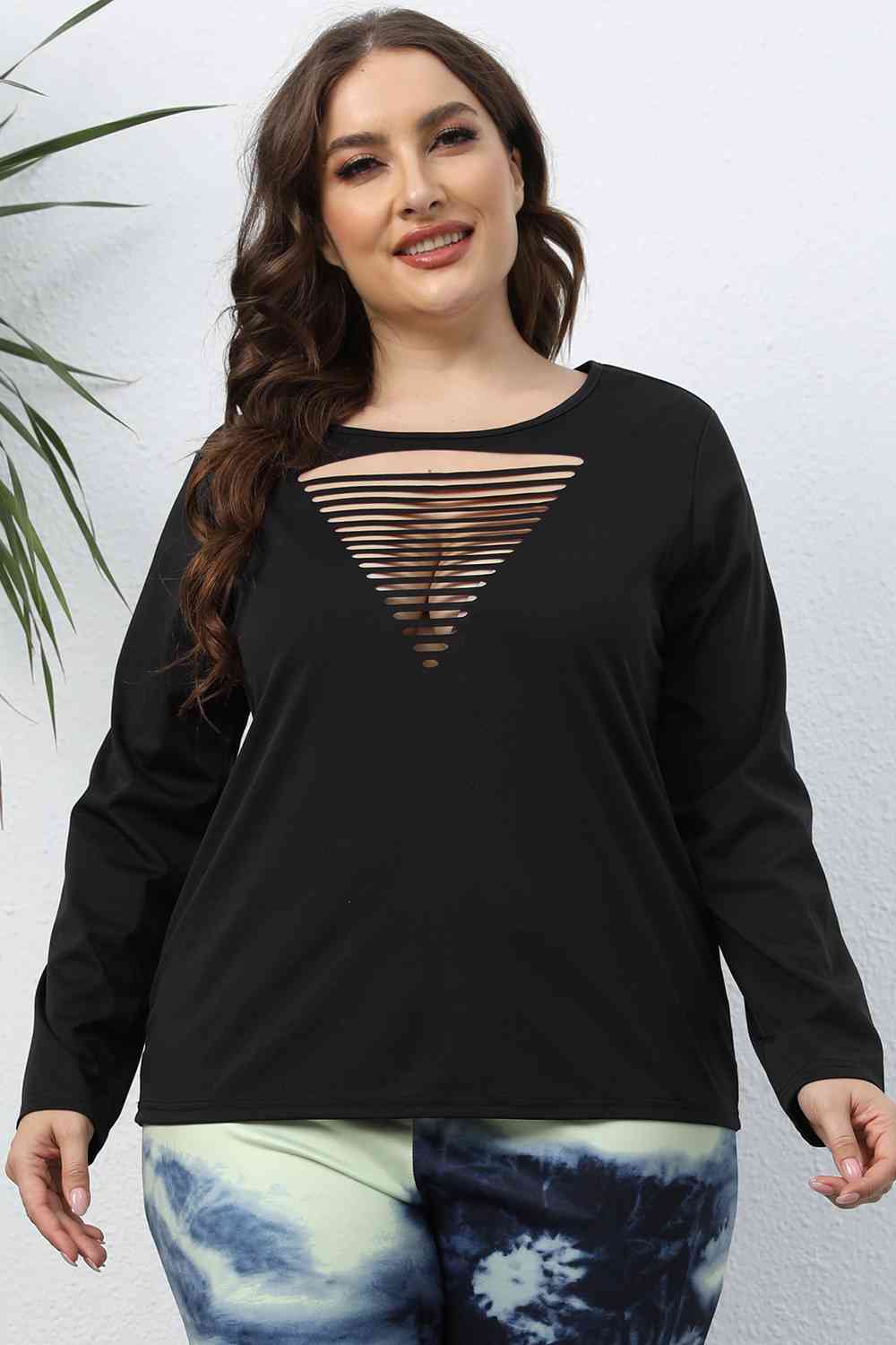 Dark Slate Gray Plus Size Cutout Front Long Sleeve T-Shirt Plus Size Clothes